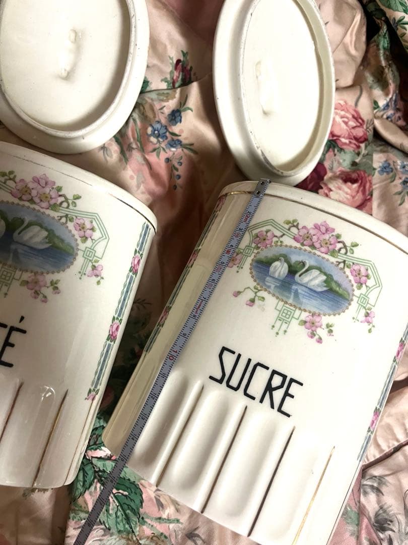 お値下げ フランスアンティーク 小花&バラ&白鳥 キャニスター 4Pセット