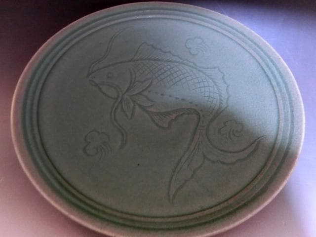 菓子鉢□釜谷陶房 申相浩 魚紋青磁大皿 高麗青磁 共箱 古美術 時代物