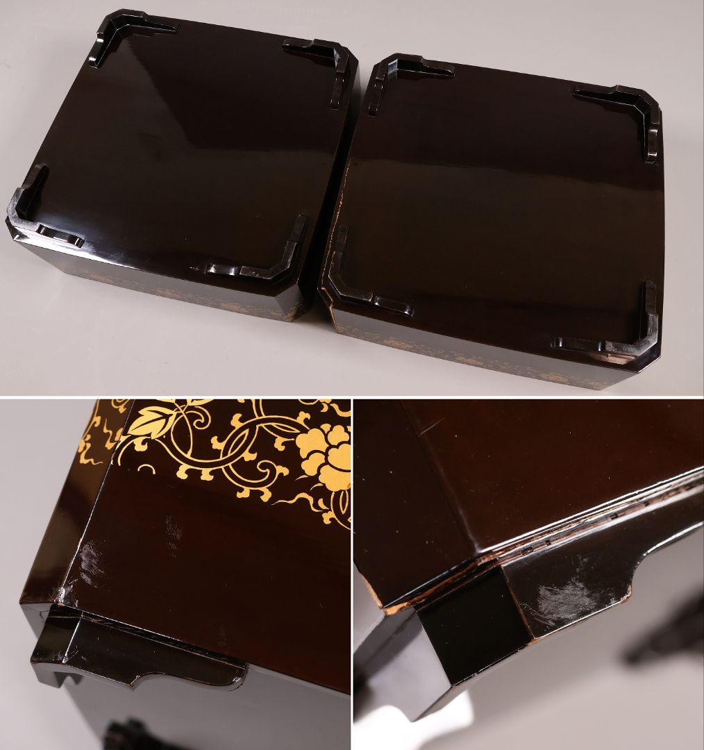 木製 漆塗 牡丹獅子 花唐草 金蒔絵 饅頭箱一対 菓子重 菓子箱【CM285】