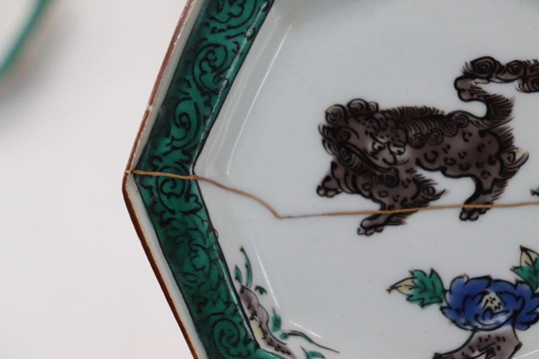 青九谷　牡丹獅子紋角皿4点　江戸　送料込み250511