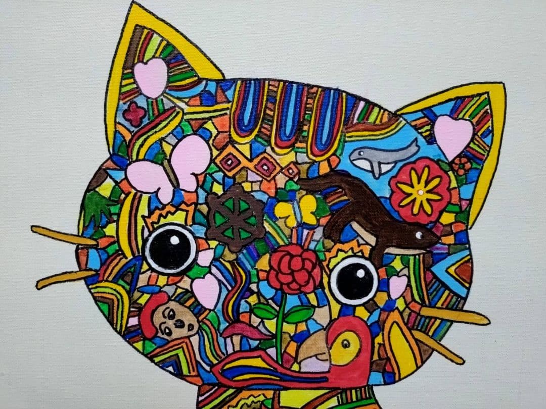 【F6号】ジミー大西【Cat】手描き作品/表裏サイン/油彩/アクリル/絵画/額縁