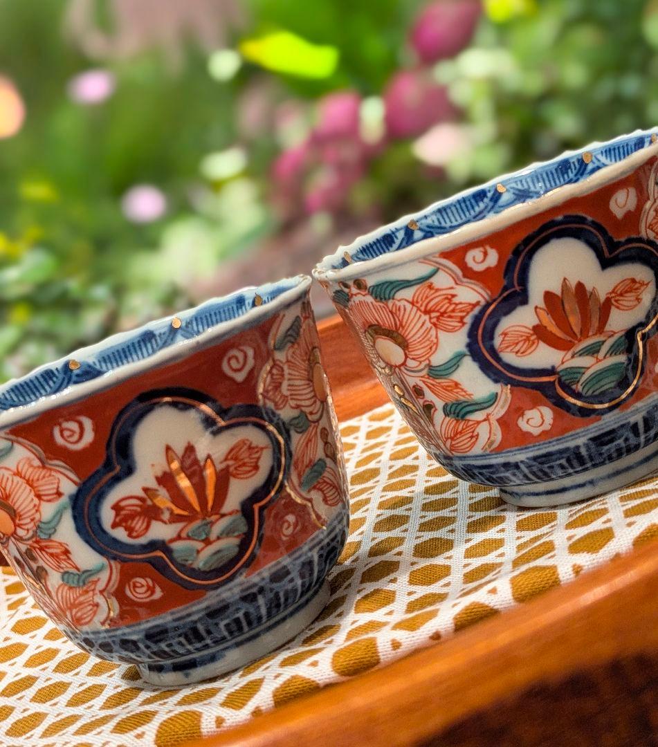 骨董✧明治20年頃の向付2個 華やかな花柄 赤絵色絵 金蘭手 印判染付