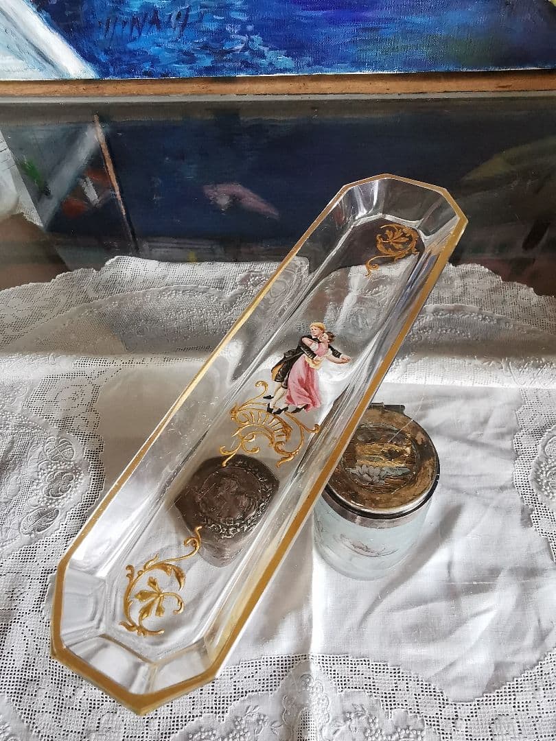 アンティーク ロブマイヤー 手描きエナメル盛上げ金彩 ペアのダンス 八