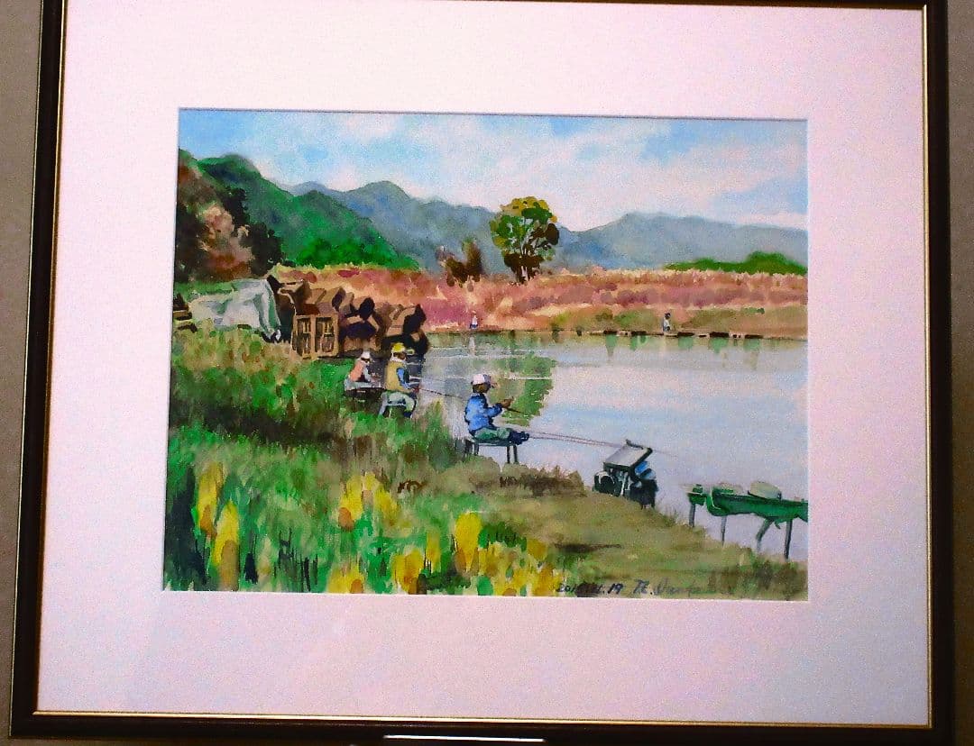 水彩画 釣りの風景 2019年 フレーム付き F6サイズ 原画