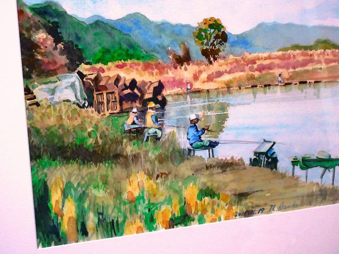 水彩画 釣りの風景 2019年 フレーム付き F6サイズ 原画