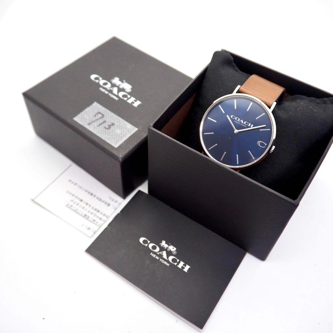 713【美品】COACH　メンズ　時計　ネイビー　ブルー　箱付き　ブラウン