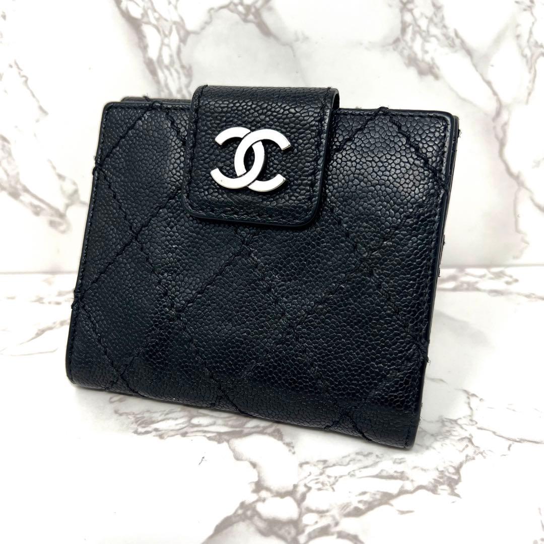 CHANELワイルドステッチ キャビアスキン Wホック 財布 二つ折り 黒