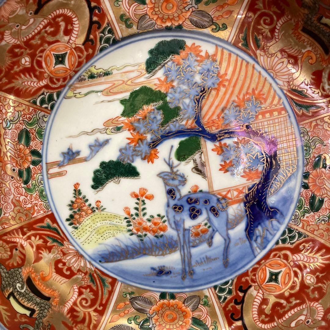 古伊万里 色絵金彩 八角鉢 龍鳳神獣蝶鹿竹林人物図 富貴長春