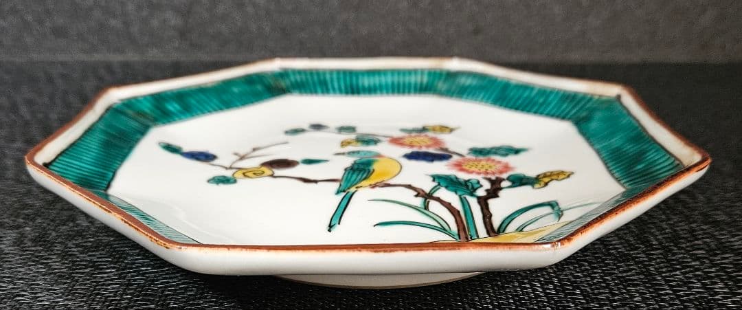 明治時代～大正時代 九谷焼 青手九谷 花鳥図 八角皿 【二重角福】銘