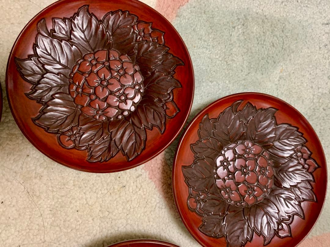 未使用品　鎌倉彫　アジサイ模様の茶托5枚　アンティーク　昭和