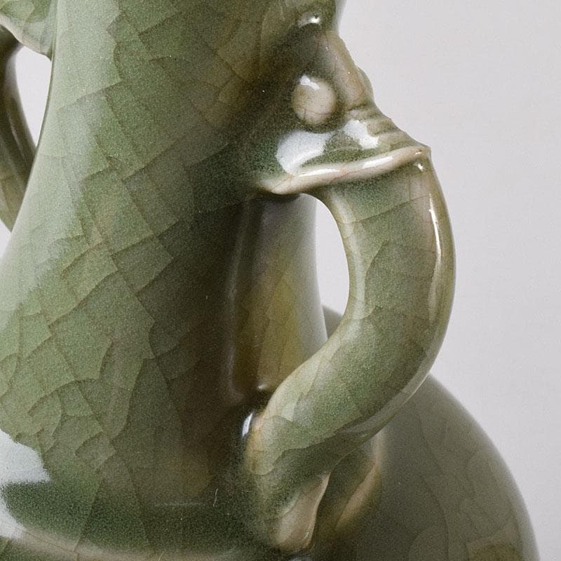 中国 龍泉窯青磁 双獣耳花瓶 時代箱 V R8314｜中国 龍泉窯