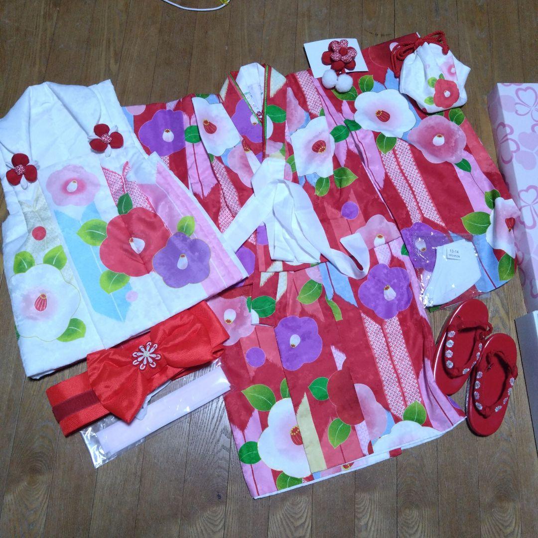 三歳★花ひめ★椿と矢羽根★被布着物小物フルセット★赤ピンク