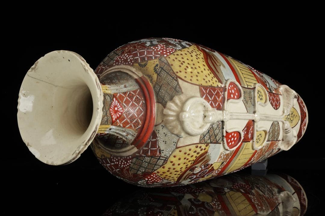 薩摩焼 色絵金彩 武者人物図大花瓶 54 耳付 飾壺 古美術 骨董