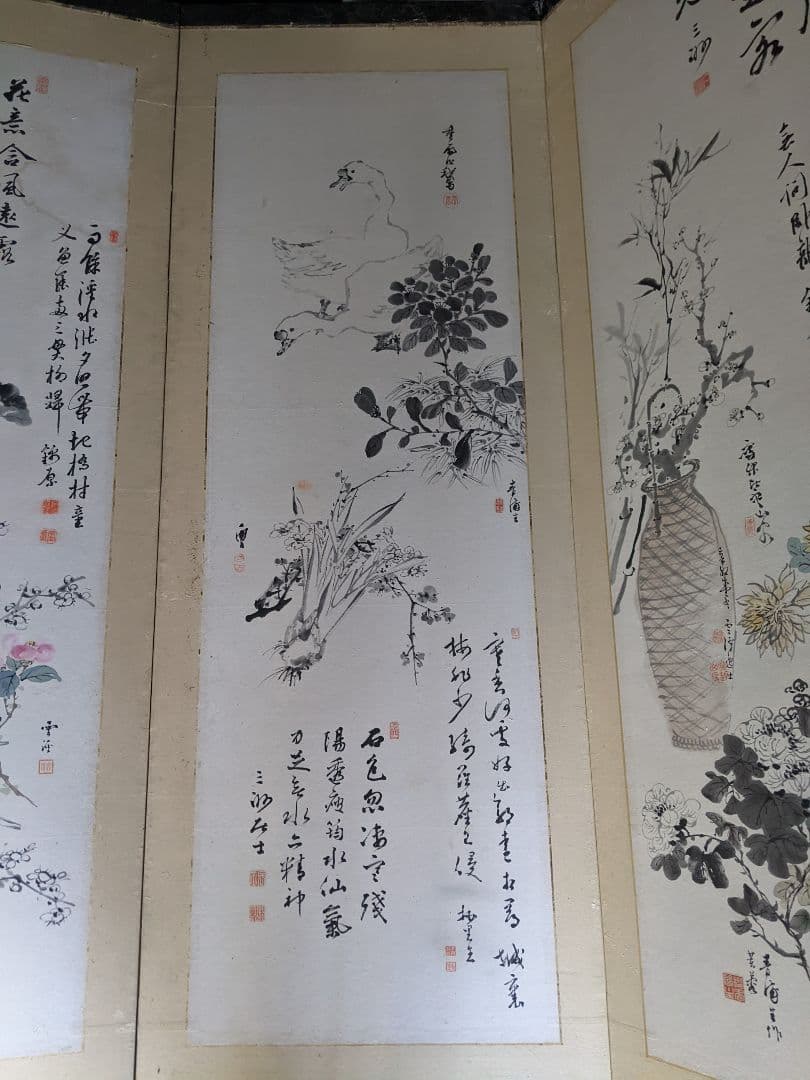 明治/六曲屏風 木箱セット/明治期書画家の合作/希少骨董古美術vintage