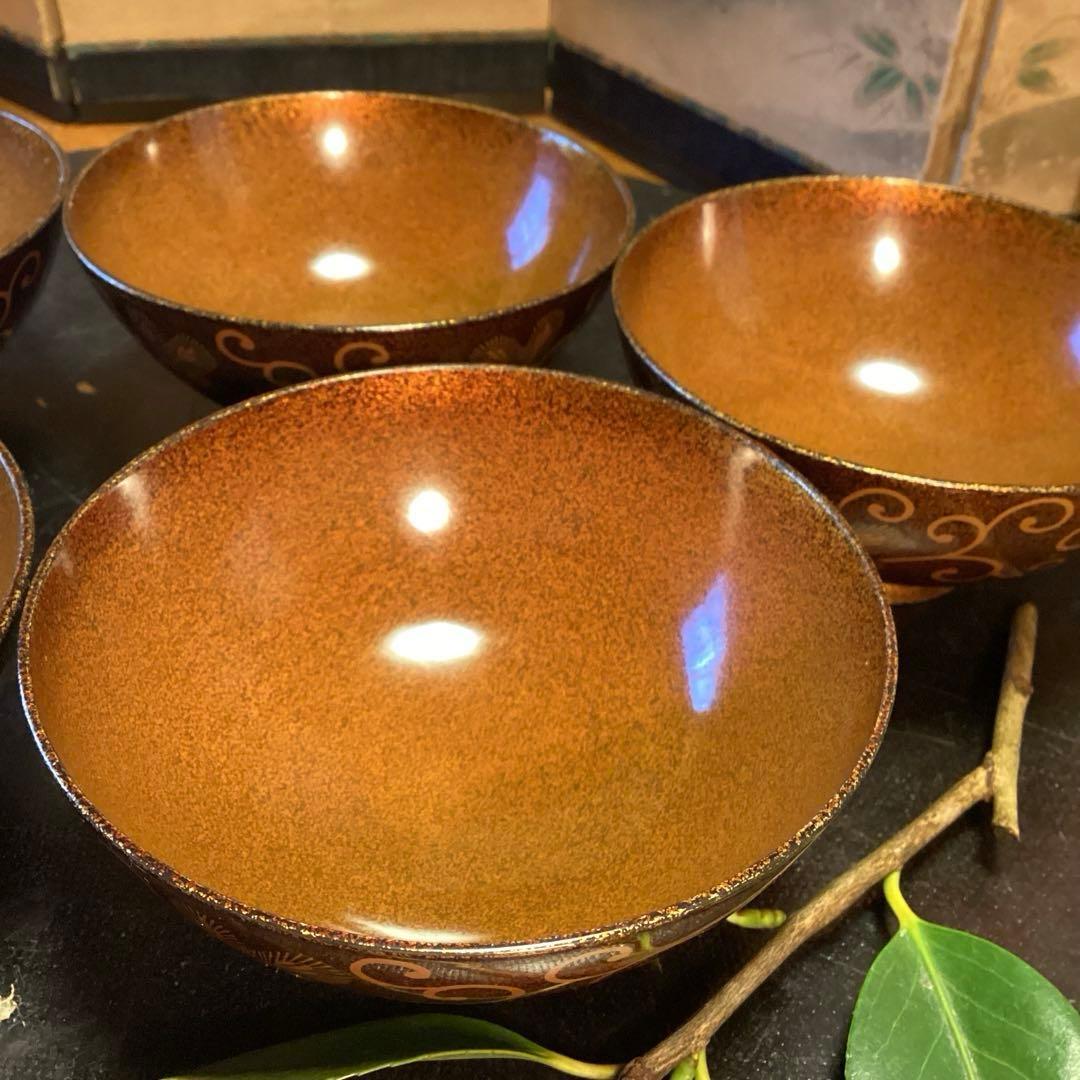 A1033 木製輪島塗　懐石道具　総梨地　松葉唐草　蒔絵　吸物椀　　5客