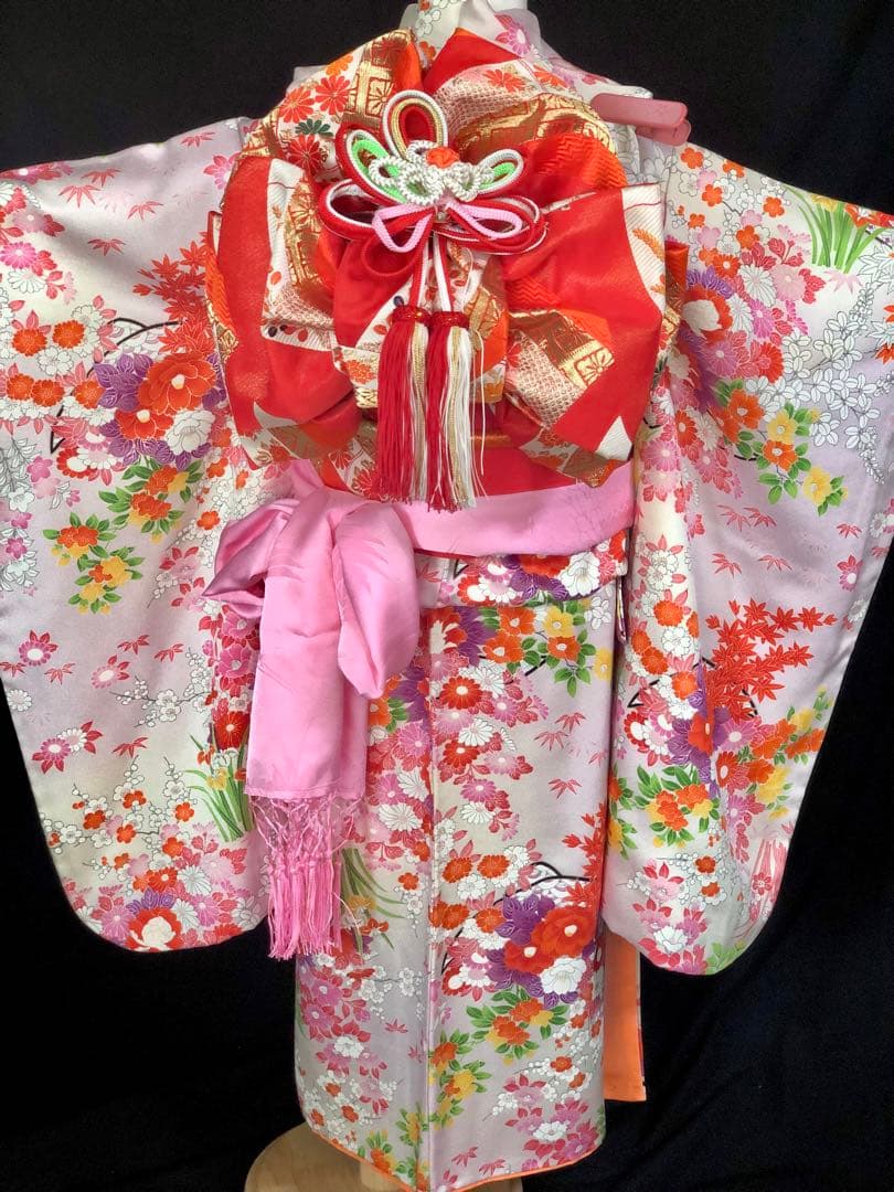 七五三　7歳　着物　作り帯　セット　女の子　7才　アンティーク　薄紫　四つ身