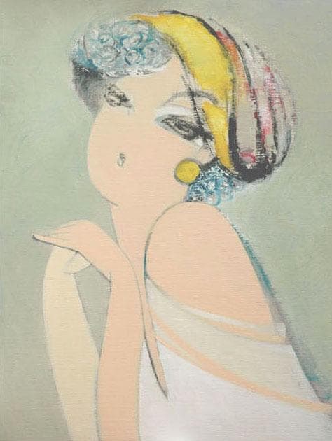 油絵 菅家令子 絵 絵画インテリア額付(青緑＋金色の枠) F6-082811女性