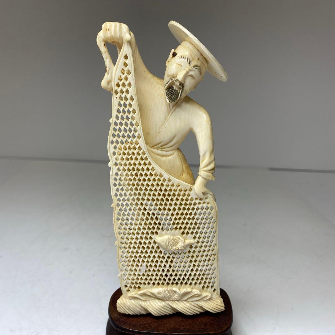 専用　極上　漁師人物　75g 高さ約15.5㎝（台込）タサチ　東さ8-0104③ 台湾製 ブルーボーダー柄 漁師網 ナイロンバッグ (茄芷袋)｜Sサイズ