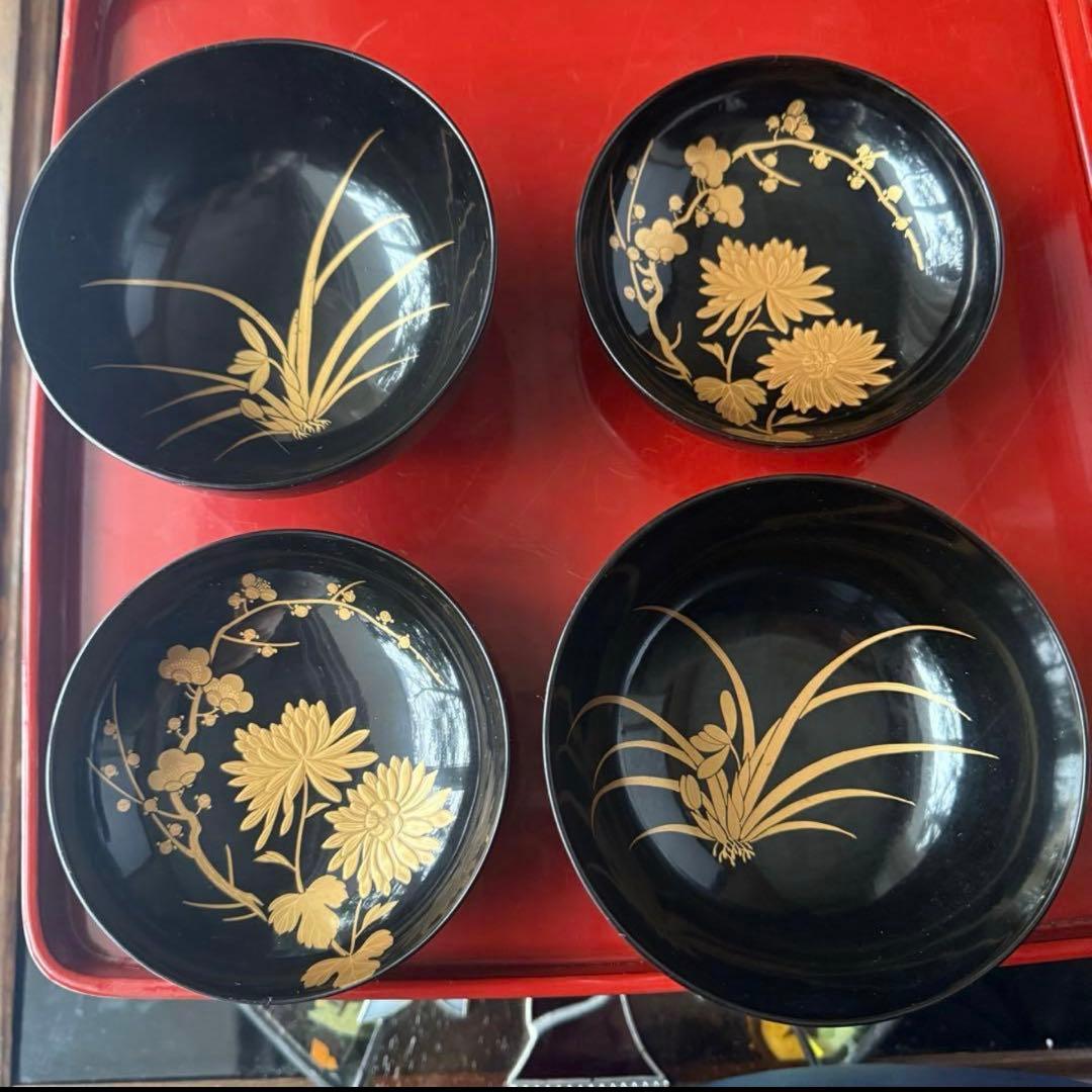 2234様感謝‼️かろやかJAPAN時代蒔絵 豪華四君子富士山形吸物椀　春蘭7客