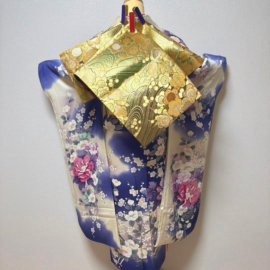 20 振袖フルセット 正絹 ブルー 青紫 赤紫 銀彩 刺繍 暈し染め 華やか