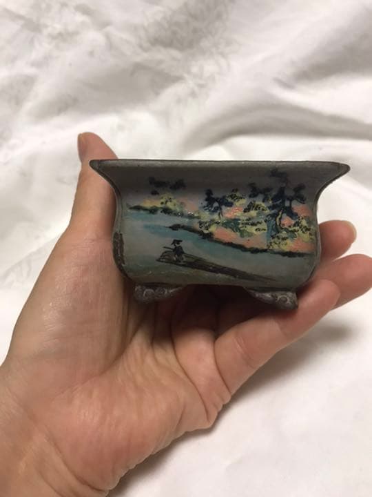 盆栽鉢 時代希少名工陶翠絵付け五彩色隅入り袋長方鉢泥鉢ミニ盆栽鉢豆