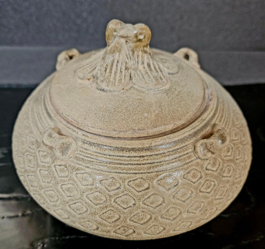 【名品❗】中国古陶磁器　宋時代　古越州窯　ツガイ鳥摘み　亀甲文　四耳　蓋物　香炉