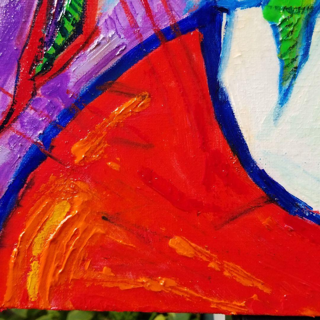 油絵 専用 赤いテーブルに置いた花瓶のお花 抽象画