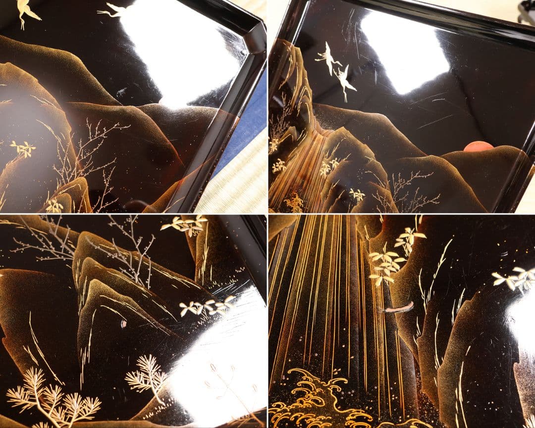 漆芸 山水松竹梅 蝋色塗硯蓋形座附膳 十客 金蒔絵 四方膳 蓬莱鶴亀【CM390