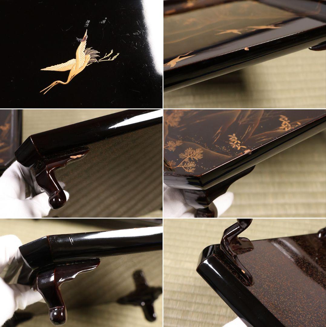 漆芸 山水松竹梅 蝋色塗硯蓋形座附膳 十客 金蒔絵 四方膳 蓬莱鶴亀