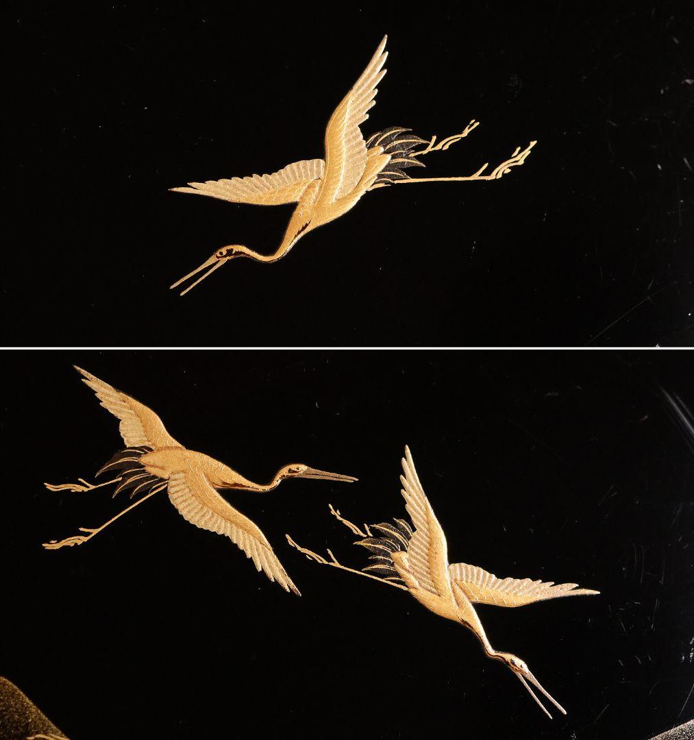 漆芸 山水松竹梅 蝋色塗硯蓋形座附膳 十客 金蒔絵 四方膳 蓬莱鶴亀【CM390