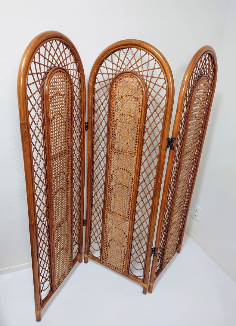 ラタン 籐 3連 スクリーン 衝立 パーテーション 間仕切り 昭和レトロ