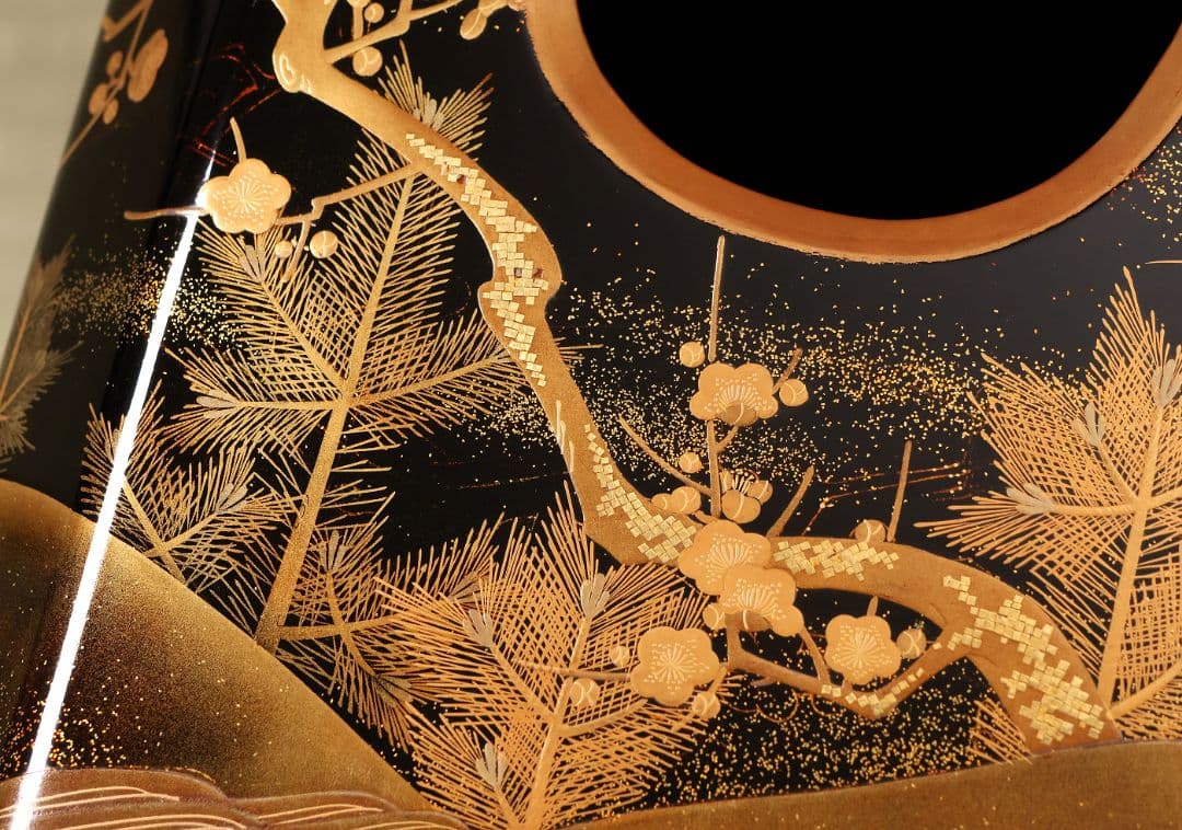 漆芸 松竹梅鶴金蒔絵 花七宝 三宝台 三方台 天然木製漆塗 供物台【MB111】