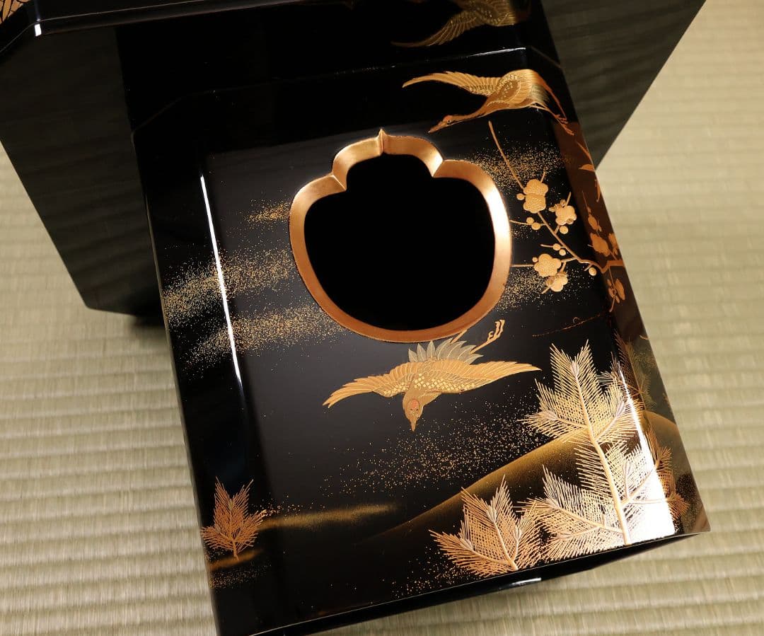 漆芸 松竹梅鶴金蒔絵 花七宝 三宝台 三方台 天然木製漆塗 供物台【MB111】