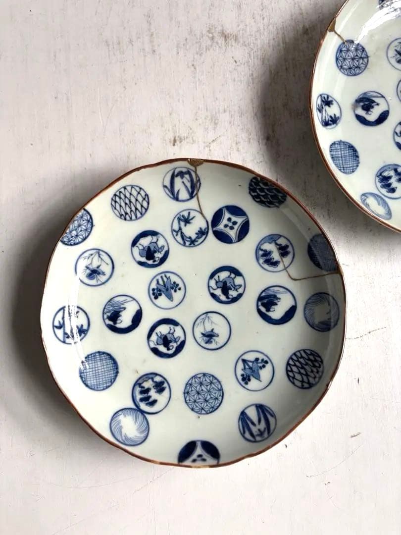 679 骨董 古伊万里 太明成化年製 丸紋染付5寸皿 2点組 幕末 金継ぎ