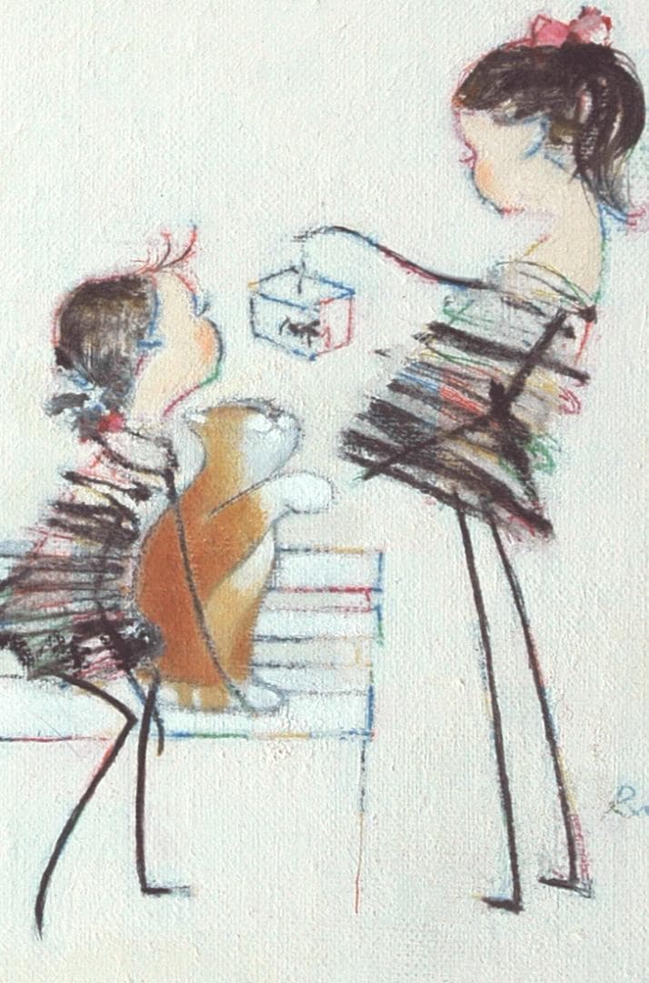 油絵 菅家令子 絵 絵画インテリア 額付(黒) F4-030219 子猫犬女の子