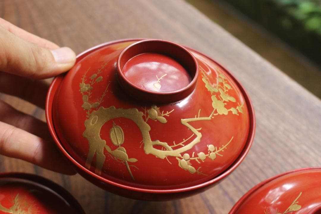 絵柄選択可！時代朱漆に優美な絵替風物蒔絵の映えるお椀7点（検輪島塗蒔絵椀