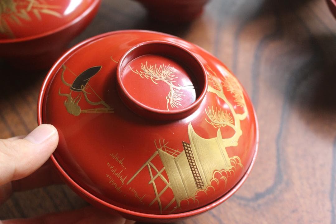 絵柄選択可！時代朱漆に優美な絵替風物蒔絵の映えるお椀7点（検輪島塗蒔絵椀