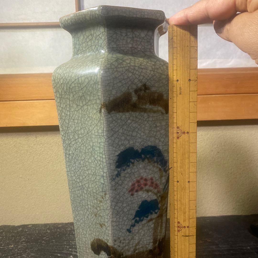 中国古玩　青磁ヒビ焼面取り花瓶【中】