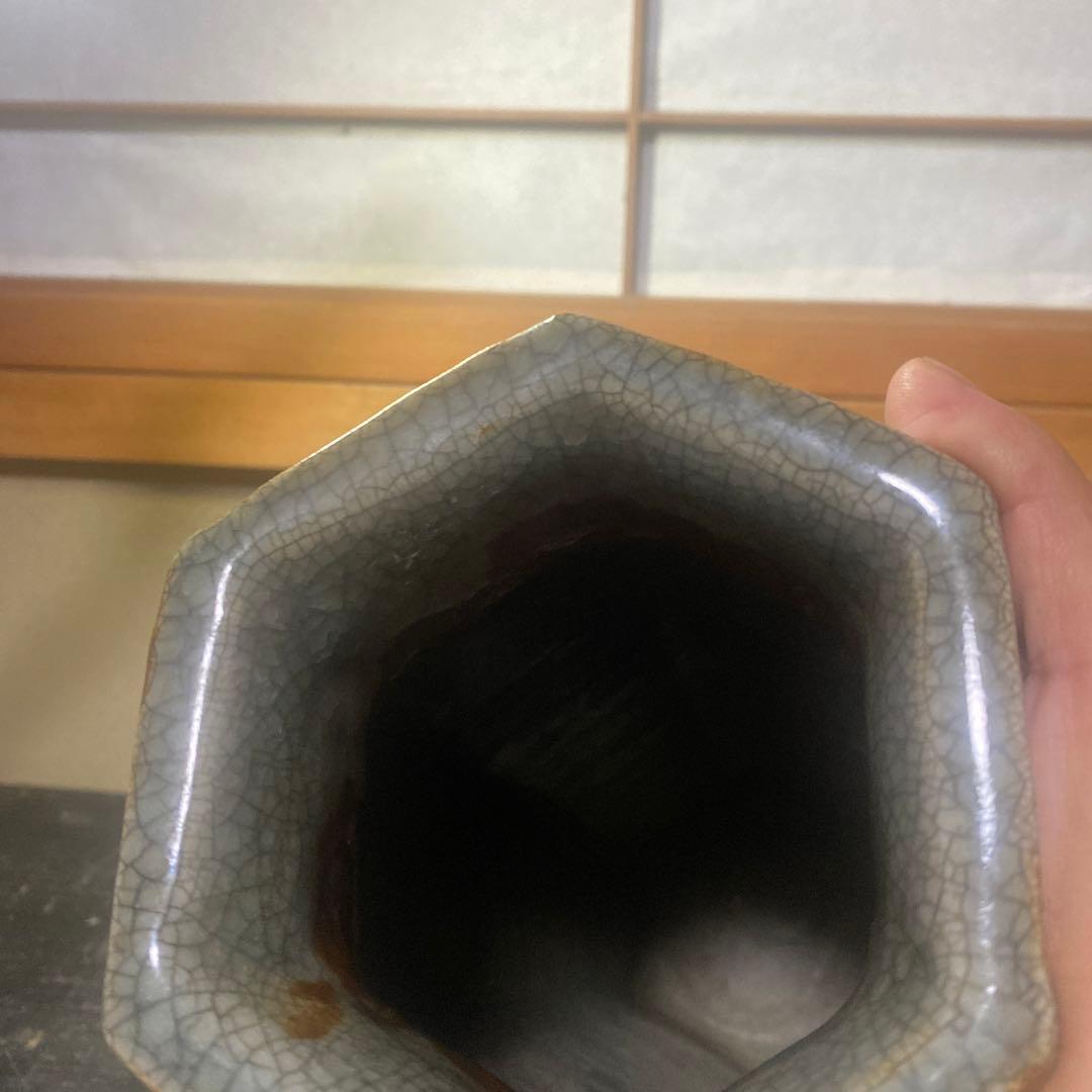 中国古玩　青磁ヒビ焼面取り花瓶【中】