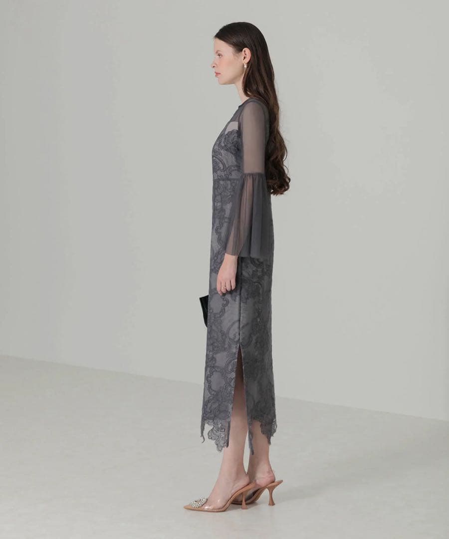 Leja シアープリーツスリーブIラインワンピースドレス グレー レーススリット