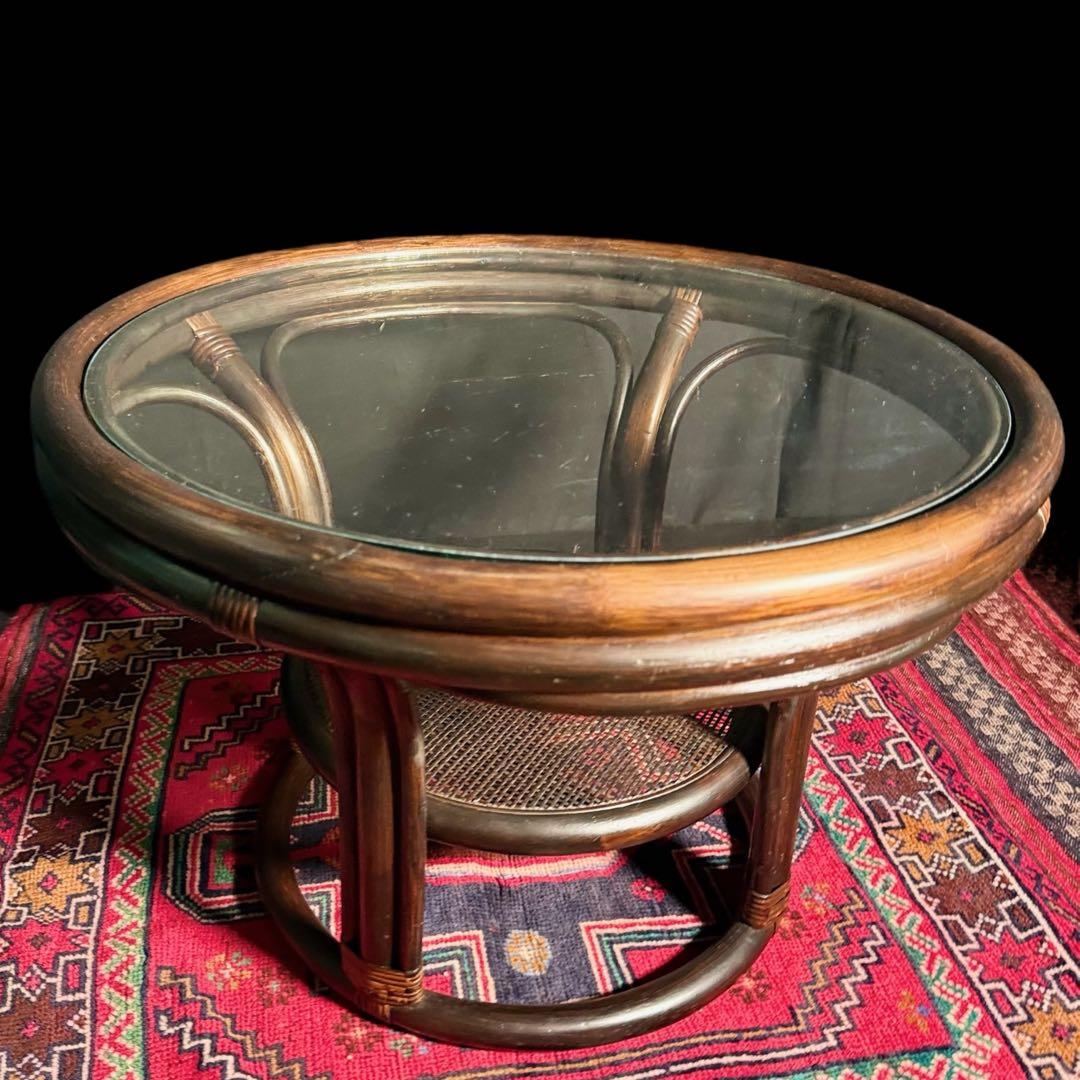 HR779 ラタン 籐 ガラストップテーブル