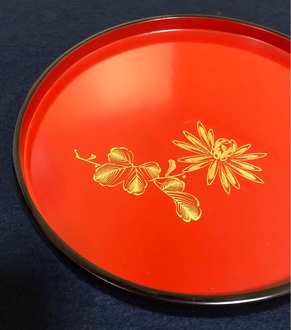 《レ》黒内朱 沈金菊図 丸盆10客 木製漆器 251125え6