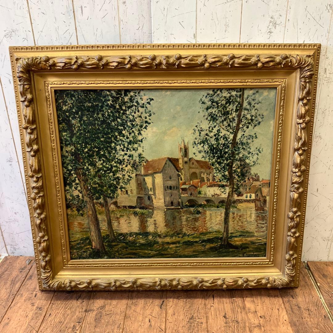 油彩画 風景画 『画題ラ・セーヌ』金色木製フレーム付き Amazon.co.jp