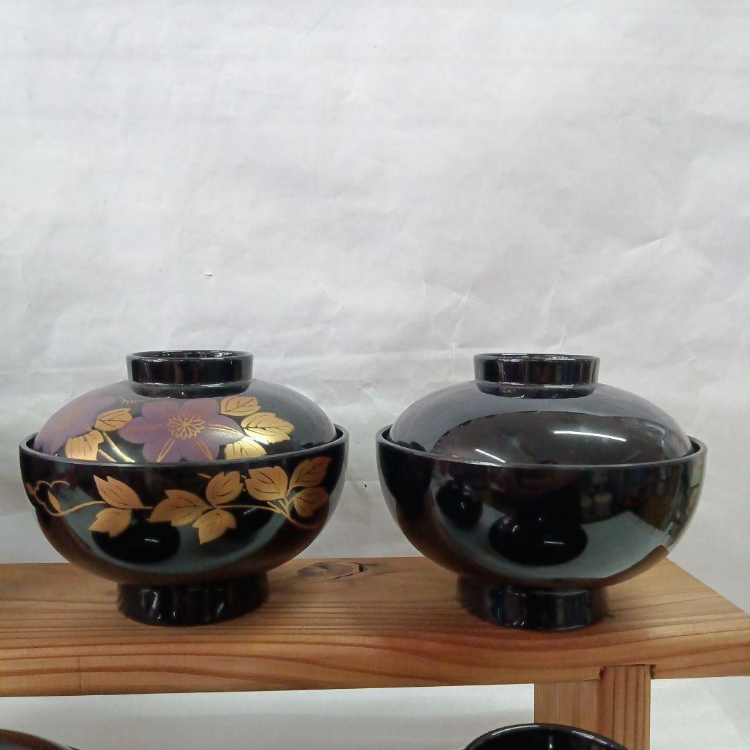 漆器 椀 5個セット 金箔 紫の花模様 蓋付き