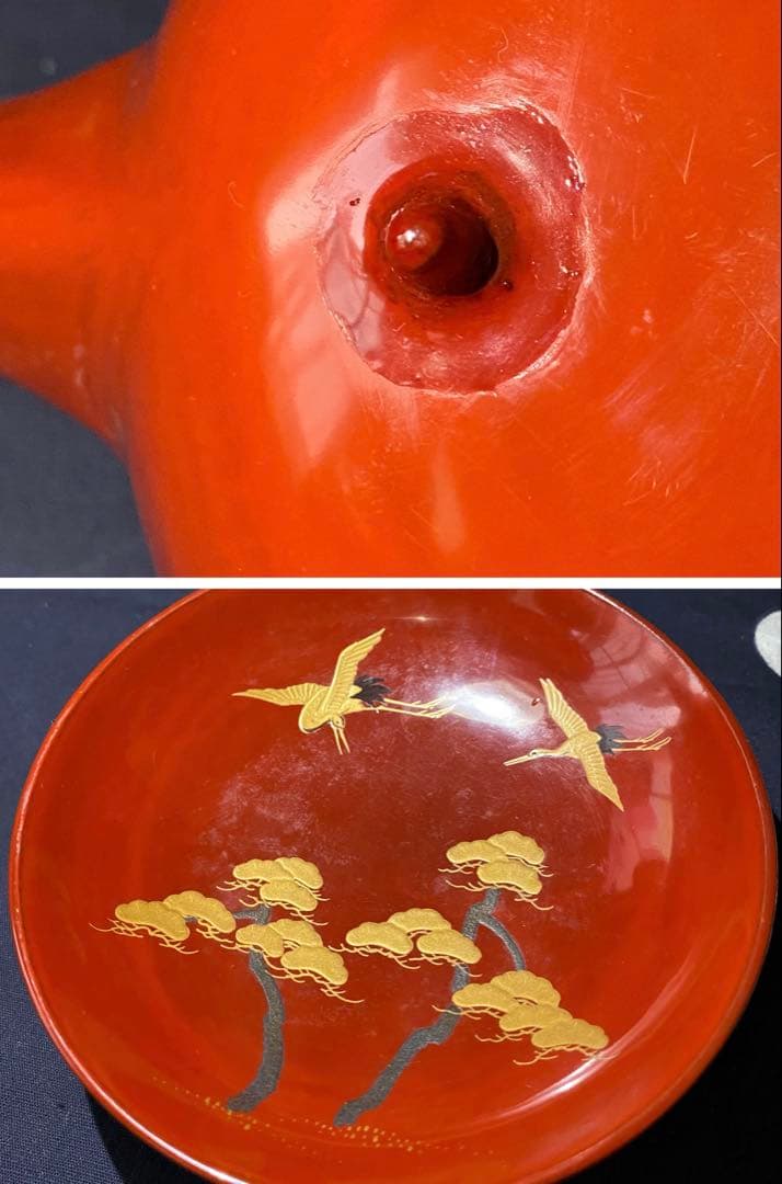 時代物　屠蘇器・重箱セット　木製漆器　朱塗り金蒔絵　鶴に松　縁起柄　長寿　木箱入