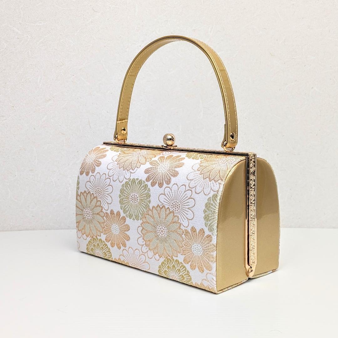 和装 草履バッグセット 白 金 ゴールド 帯地 菊花 古典 フリーサイズ u87