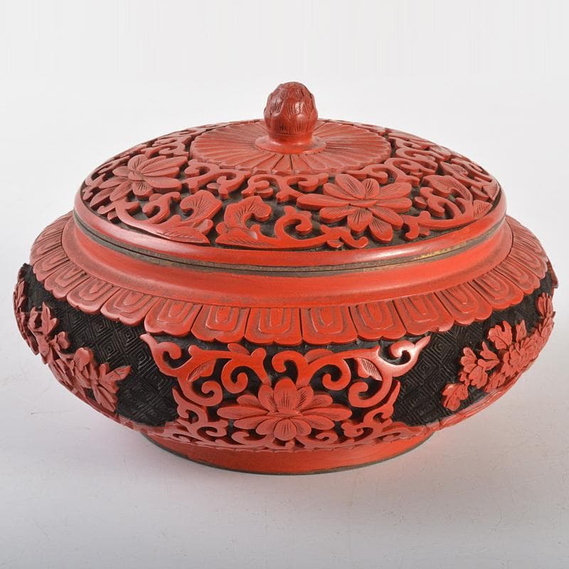 中国　剔紅　堆朱　堆黒　内七宝　花文　蓋物　M　R6751