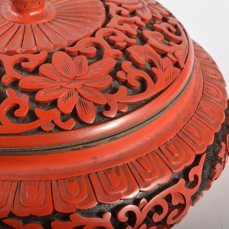 中国　剔紅　堆朱　堆黒　内七宝　花文　蓋物　M　R6751