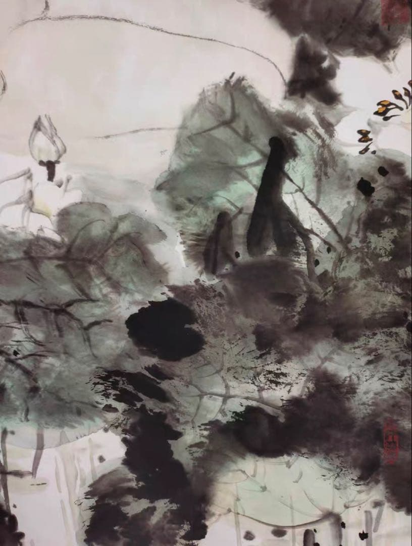 中国現代 人物画 掛け軸｜何家英《露花図》 美人画 水墨彩色｜大幅 中堂 和室