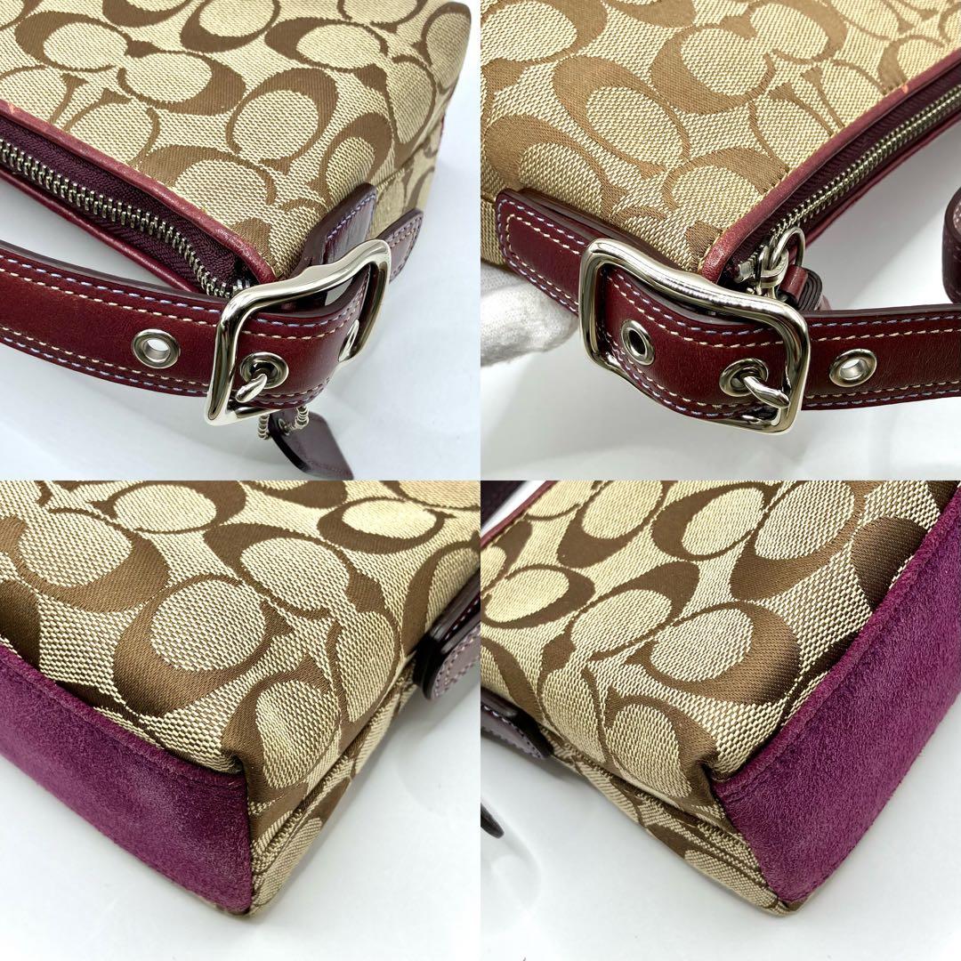 【美品】COACH コーチ ハンドバッグ アクセサリーポーチ シグネチャー　紫